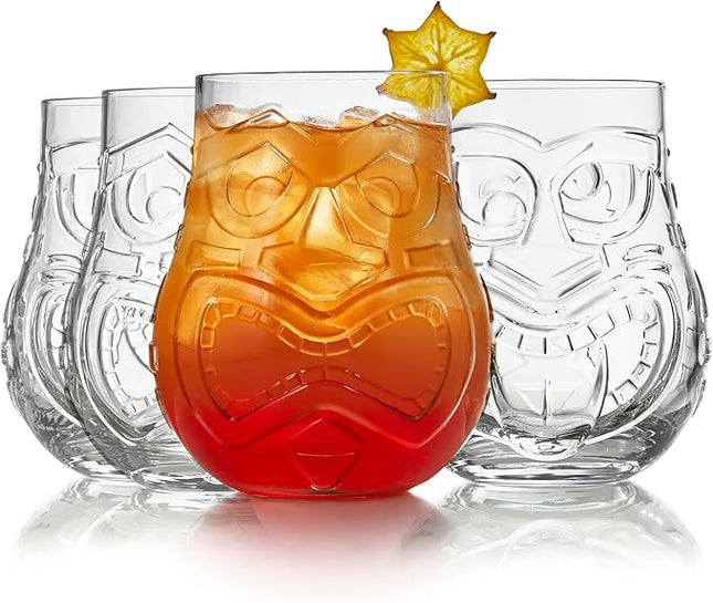 Libbey Tiki Split Glass Tumbler Set, Vintage-Style Quirky Drinking Glasses Set of 4, Exotic, Tall Drinking Glass Cups for Backyard Luau or Pool Party