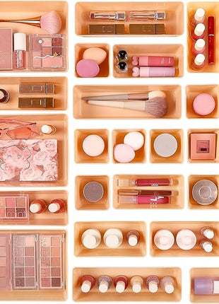 Vtopmart 25 PCS Plastic Drawer Organizers Set, 4-Size Versatile Bathroom and Vanity Drawer Organizer Trays, Storage Bins for Makeup, Bedroom, Kitchen Gadgets Utensils and Office