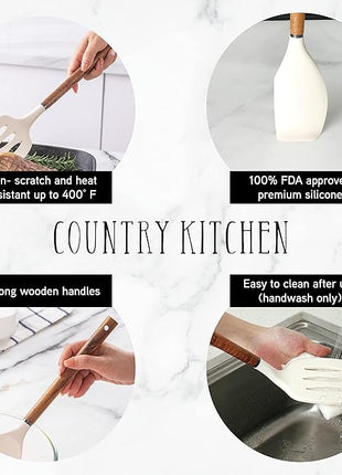 Country Kitchen Non Stick Silicone Utensil Set with Rounded Wood Handles for Cooking and Baking, 8 Piece Set, Khaki