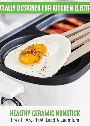 GreenLife 3-in-1 Breakfast Maker Station, Healthy Ceramic Nonstick Dual Griddles for Eggs Meat Sausage Bacon Pancakes and Breakfast Sandwiches, 2 Slice Toast Drawer, Easy-to-use Timer, White