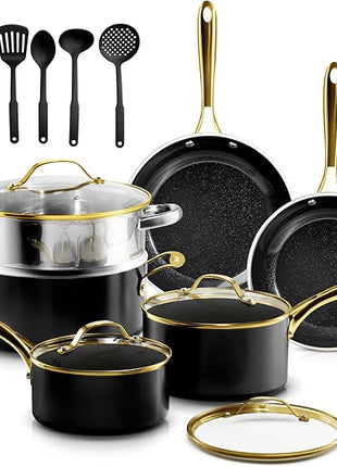 Gotham Steel 15 Pc Ceramic Cookware Set Nonstick, Ceramic Pots and Pans Set Non Stick with Steamer & Cooking Utensils, Non Toxic PFOA PFOS Free, Premium Stay Cool Handles, Oven & Dishwasher Safe