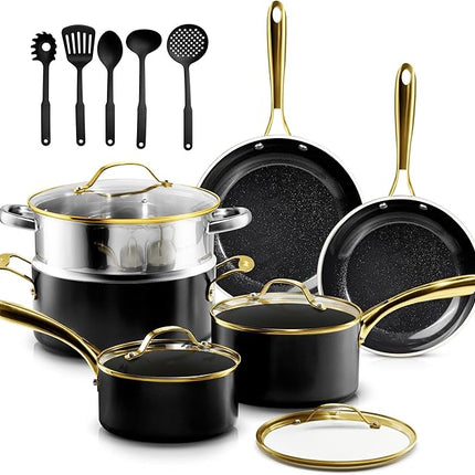 Gotham Steel 15 Pc Ceramic Cookware Set Nonstick, Ceramic Pots and Pans Set Non Stick with Steamer & Cooking Utensils, Non Toxic PFOA PFOS Free, Premium Stay Cool Handles, Oven & Dishwasher Safe