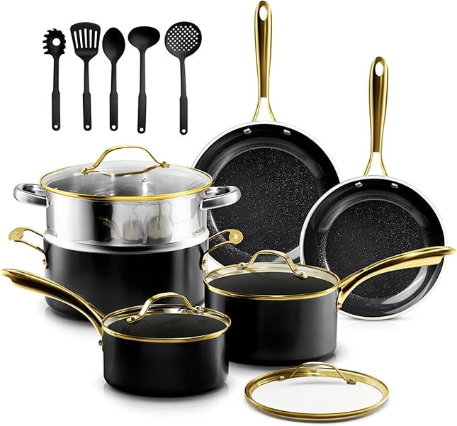 Gotham Steel 15 Pc Ceramic Cookware Set Nonstick, Ceramic Pots and Pans Set Non Stick with Steamer & Cooking Utensils, Non Toxic PFOA PFOS Free, Premium Stay Cool Handles, Oven & Dishwasher Safe