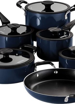 Tramontina Aluminum Non Stick 11-Piece Nesting Pots and Pans Set with Lids - Naval, Kitchen Nonstick Cookware Set, Dishwasher and Oven Safe