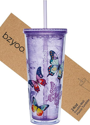 bzyoo SIP 24oz (710ml) Double Wall Plastic Tumbler with Lid and Straw Cold Drink Travel Mug Reusable Party Cup Perfect for Ice Coffee, Tea Office Poolside Parties Gifts Color: Butterfly Purple