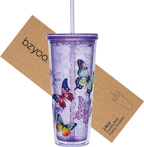 bzyoo SIP 24oz (710ml) Double Wall Plastic Tumbler with Lid and Straw Cold Drink Travel Mug Reusable Party Cup Perfect for Ice Coffee, Tea Office Poolside Parties Gifts Color: Butterfly Purple