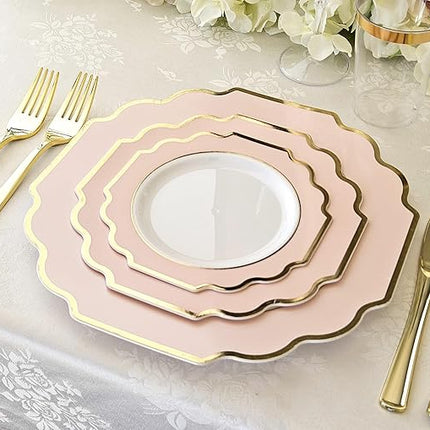 " OCCASIONS " 120 Plates Pack,(60 Guests) Heavyweight Premium Wedding Party Disposable Plastic Plates Set -60 x 10.5'' Dinner + 60 x 8'' Salad/Dessert(Imperial in Blush & Gold)