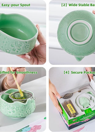 TEANAGOO Matcha Whisk Set,7 Pcs Matcha Set Blue Green,Ceremony Matcha Kit,Matcha Tea Set for Making Latte,Ceramic Bowl(chawan) whith Spout and Whisk,Gift for Matcha Lovers