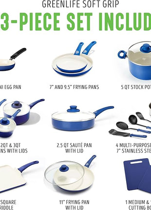 GreenLife Soft Grip 23 Piece Kitchen Cookware Pots and Frying Saucepans Set, Healthy Ceramic Nonstick PFAS and PFOA-Free, Dishwasher and Oven Safe, Even Heating, Easy Clean, Warp Control, Blue