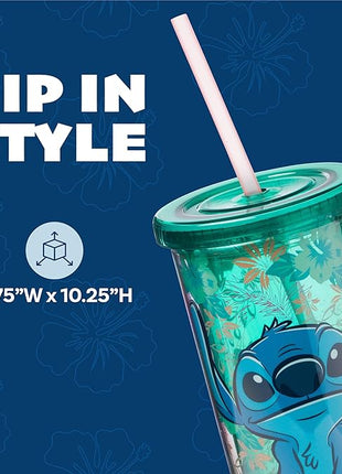 Silver Buffalo Disney Lilo and Stitch Tropical Pattern Plastic Tall Cold Cup with Lid and Straw, 20 Ounces