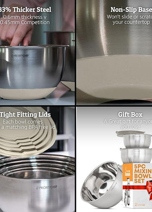 Priority Chef Premium Mixing Bowls With Lids Set, Airtight Lids, Thicker Stainless Steel, Non-Slip Base, 5 Nesting Steel Bowls for Kitchen, Large Prep Metal Bowl Set 1.5/2/3/4/5 Qt, Khaki