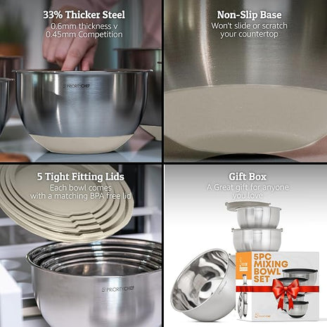 Priority Chef Premium Mixing Bowls With Lids Set, Airtight Lids, Thicker Stainless Steel, Non-Slip Base, 5 Nesting Steel Bowls for Kitchen, Large Prep Metal Bowl Set 1.5/2/3/4/5 Qt, Khaki