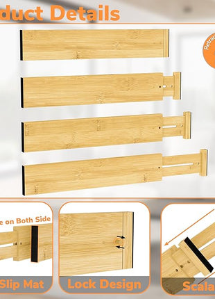 BAMEOS 3" H Large Bamboo Drawer Dividers Adjustable Drawer Organization Expandable Utensil Organizers for Kitchen Dresser Bathroom Bedroom and Office 4-pack