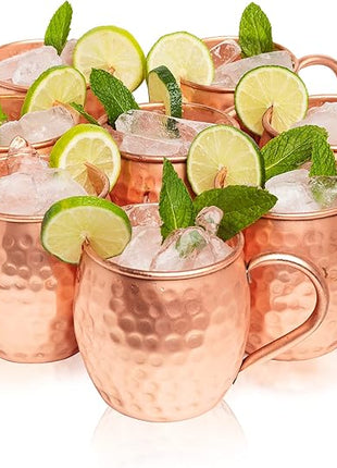 Moscow Mule Copper Mugs Set of 8 (16oz) | Food Grade 100% Pure Copper Cups | Handcrafted w/Lacquered Hammered Finish, Smooth Rounded Lip, Ergonomic Handle (No Rivet) w/Solid Grip