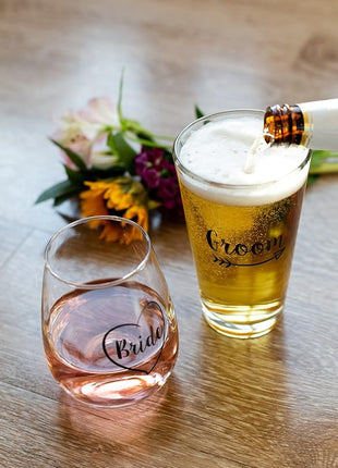 Cute Wedding Gifts - Bride and Groom Novelty Wine Glass and Beer Glass Combo - Engagement Gift for Couples