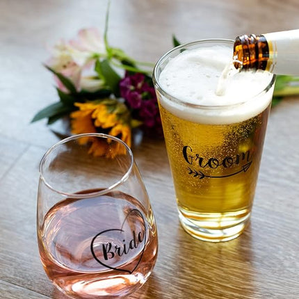 Cute Wedding Gifts - Bride and Groom Novelty Wine Glass and Beer Glass Combo - Engagement Gift for Couples