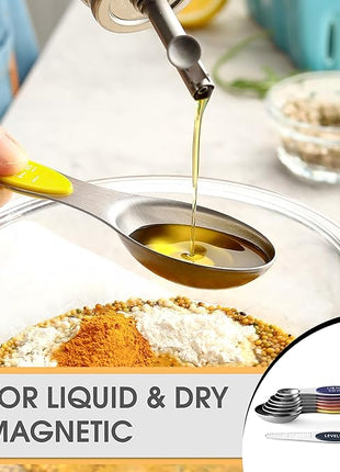 Spring Chef Stainless Steel Magnetic Measuring Spoons Set of 8 with Leveler, Nesting Teaspoon & Tablespoon Measuring Spoons, Kitchen Gadgets for Baking & Cooking, Fits in Spice Jars - Mountain Sunrise