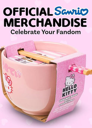 Silver Buffalo Sanrio Hello Kitty Strawberry Milk Japanese Character Ceramic Ramen Noodle Rice Bowl with Chopsticks, Microwave Safe, Pink, 20 Ounces