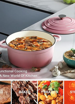 Miereirl 6 Quart Enameled Dutch Oven Pot with Lid, Cast Iron Dutch Oven with Dual Handles for Bread Baking, Cooking, Non-stick Enamel Coated Cookware, Pink