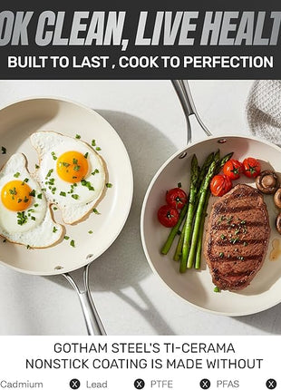 Gotham Steel 12 Pc Ceramic Cookware Set Nonstick, Ceramic Pots and Pans Set Non Stick with Steamer for Cooking, Non Toxic PFOA PFOS Free, Premium Stay Cool Handles, Oven & Dishwasher Safe