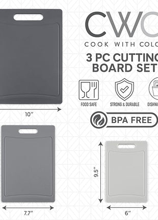 COOK WITH COLOR Non-Slip Cutting Board Set – Kitchen Essentials with Easy Grip Handle for Meat, Veggies, and Fruits, 3 Cutting Boards, Gray