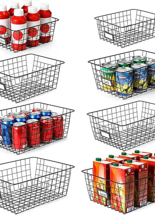 8 Set, Extra Large Wire Baskets for Organizing with Lables, Cabinet Pantry Organization and Storage Bins - Metal Basket for Kitchen, Laundry, Garage, Fridge, Bathroom Countertop Organizer, Black
