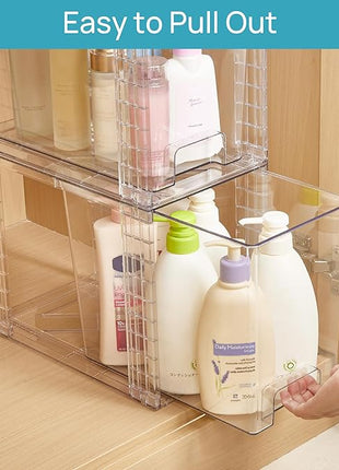 Vtopmart 4 Pack Clear Stackable Storage Drawers,9.7" High Plastic Organizers Bins for Skincare, Bathroom Supplies,Ideal for Cabinet,Undersink,Vanity,Kitchen,Pantry Organization