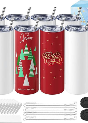 Hiipoo 8 Pack Sublimation Tumblers Blank 20 oz Straight Skinny with Sublimation Papers, Lids and Straws, Shrink Wrap Films, Stainless Steel Double Wall Insulated Tumbler for Mug Press Machine