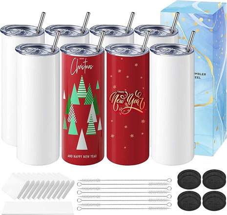 Hiipoo 8 Pack Sublimation Tumblers Blank 20 oz Straight Skinny with Sublimation Papers, Lids and Straws, Shrink Wrap Films, Stainless Steel Double Wall Insulated Tumbler for Mug Press Machine