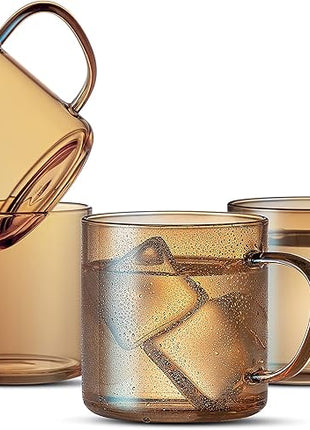 LUXU 4pcs Set Simple Glass Coffee Mugs-Hand Blown&Seamless Design,14 oz Amber Coffee Cups-Heat Resistant and Explosion-Proof,Lightweight Tea Mugs with Anti Scald Handle Ideal for Home,Cafe,Coffee Bar