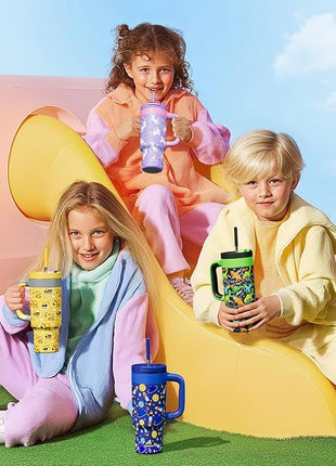 24 oz Insulated Tumbler for Kids: Spill-Proof, 2-in-1 Straw Lid, Cold for 26 Hrs, Stainless Steel Cup with Handle for School, Camping, Gift, Daily, Outdoor, Trip, Travel, Vacation (Butterfly Field)