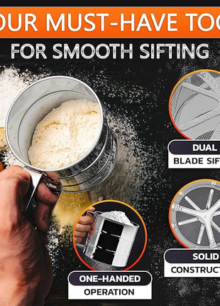 Flour Sifter for Baking – 3 Cup Flour Sifter Stainless Steel with Dual-Blade, Ergonomic Handle, Reinforced Base, Rust-Resistant and Easy to Wash – For Powdered Sugar, Cocoa, and Daily Baking Tasks