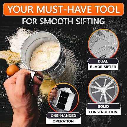 Flour Sifter for Baking – 3 Cup Flour Sifter Stainless Steel with Dual-Blade, Ergonomic Handle, Reinforced Base, Rust-Resistant and Easy to Wash – For Powdered Sugar, Cocoa, and Daily Baking Tasks