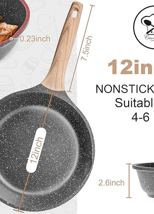 Caannasweis Nonstick Granite Frying Pan Skillet, Non Stick Omelette Fry Pans, Omelet Egg Pan, Stone Cookware Chef's Pan, Induction Compatible, PFOA Free (Gray, 12 Inch with Lid)