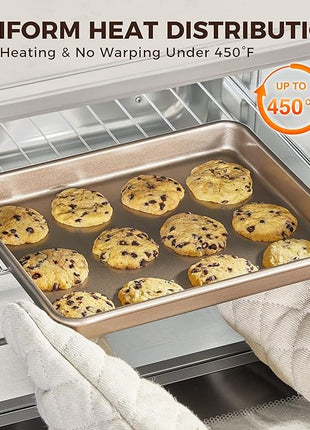 HONGBAKE 2 Pack 11 x 9 Inch Toaster Oven Pans and Trays, Small Baking Sheet Set for Cooking, Non-Stick Cookie Sheets, Heavy-Duty 0.8mm Thick, Easy to Clean, 1.26 Inch Deep, Gold