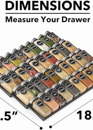 SpaceAid Spice Drawer Organizer with 40 Spice Jars, 386 Spice Labels, 4 Tier Seasoning Rack Tray Insert for Kitchen Drawers, 18.5" Wide x 17.5" Deep