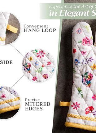 Maison d' Hermine 100% Cotton Oven Mitt & Pot Holder Set (7.5"x13" & 8"x8") Heat Resistant BBQ Cooking Gloves with Loop, Grilling, Kitchen, Handling Hot Pans Spring/Summer (Happy Florals - Sweety)