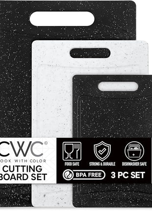 COOK WITH COLOR Non-Slip Cutting Board Set – Kitchen Essentials with Easy Grip Handle for Meat, Veggies, and Fruits, 3 Cutting Boards, Black/White