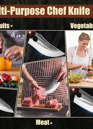 Kitchen Knife Set, Hand Forged Chef Knife Set with Full Tang Wood Handle, High Carbon Steel Butcher Knife Set for Meat Cutting Cleaver Knife Set for Vegetables Camping BBQ Ideal Gifts