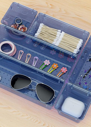WOWBOX 12 Pack Clear Drawer Organizer Set, Acrylic Drawer Storage Trays, Storage Bins for Makeup, Cosmetics, Jewelries, Utensils, Gadgets, Office, Dark Blue