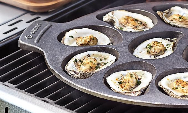 Outset 76225 Cast Iron Oyster Grill Pan, 12 Cavities, Black