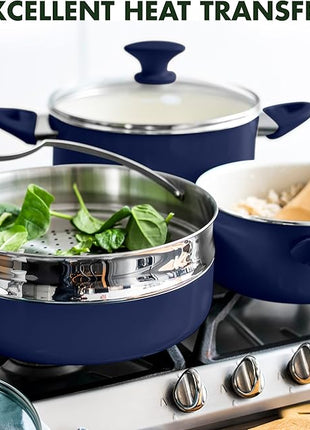 GreenPan Rio 16 Piece Cookware Set, PFOA and PFAS-Free, Healthy Ceramic Nonstick, Dishwasher Safe Easy Clean Durable Performance, Blue