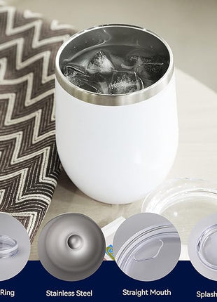 DOMICARE Stainless Steel Wine Tumbler Bulk with Lid, Personalized White Insulated Tumblers Set, 12oz Travel Coffee Cups Pack of 4