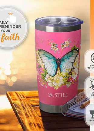 Christian Art Gifts Stainless Steel Double Wall Vacuum Insulated Travel Mug 18 oz Butterfly Pink BPA-free Tumbler with Retractable Lid Inspirational Scripture for Women - Be Still -Psalm 46:10