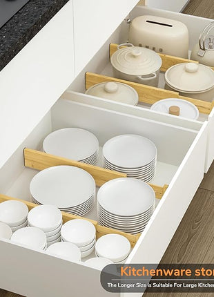 BAMEOS 3" H Large Bamboo Drawer Dividers Adjustable Drawer Organization Expandable Utensil Organizers for Kitchen Dresser Bathroom Bedroom and Office 4-pack