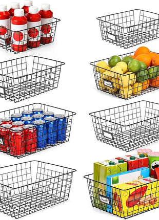 8 Set, Extra Large Wire Baskets for Organizing with Lables, Cabinet Pantry Organization and Storage Bins - Metal Basket for Kitchen, Laundry, Garage, Fridge, Bathroom Countertop Organizer, Black