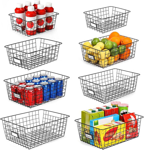 8 Set, Extra Large Wire Baskets for Organizing with Lables, Cabinet Pantry Organization and Storage Bins - Metal Basket for Kitchen, Laundry, Garage, Fridge, Bathroom Countertop Organizer, Black