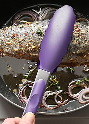 Set of 2 Kitchen Tongs 9-Inch & 12-Inch, Premium Stainless Steel BPA Free Silicone Non-Stick Grilling Barbeque Cooking Locking Food Tongs, Purple