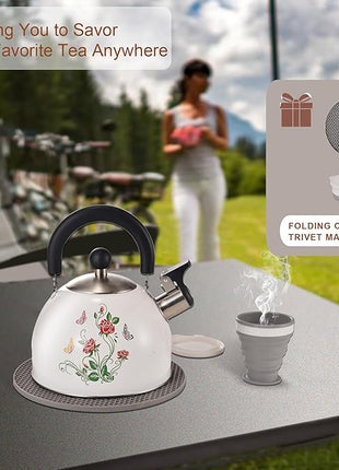 ARC Stainless Steel Whistling Tea Kettle, Magic Color Changing Design 2-Quart Stovetop Kettle Whistle White Teapot with Folding Cup & Trivet Mat