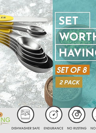 Spring Chef Magnetic Measuring Spoons Set, Dual Sided, Stainless Steel, Fits in Spice Jars, Yellow, Set of 8, 2 Pack